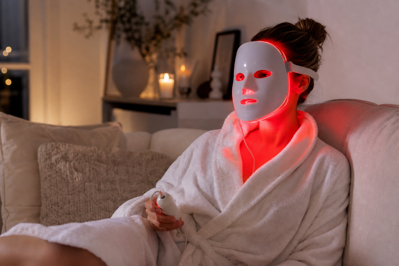 Femme utilisant correctement son masque LED visage à la maison